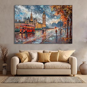 London Street Scene Canvas Painting Art, London Big Ben Red Bus Oil Painting, Rainy Abstract City Streets, Autumn City Wall Art Canvas Deco - Etsy