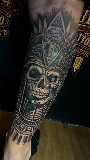 Skull aztec theme done on George Swanson' s leg. Thank you for coming and trusting us for your tattoo. Anyone interested getting tattoo done while in Bali? Dm us for booking and consultation. Walk ins welcome 😀😀😀 #aztec #skull #aztecskull #aztectattoo #skulltattoos #legtattoo #blackandgreytattoos #balitattoo #kutatattoo #seminyaktattoo | Ruby tattoo custom Bali