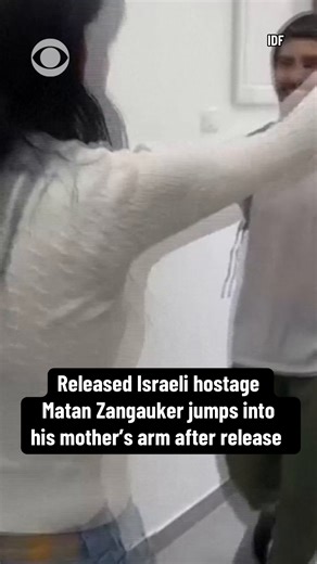 Freed Israeli hostage Matan Zangauker embraces his mother after his release, following more than two years in Hamas captivity in Gaza. His partner, Ilana Gritzewsky, was kidnapped too and was freed in the first ceasefire and hostage release deal in 2023. https://cbsn.ws/3W3axwQ | CBS News