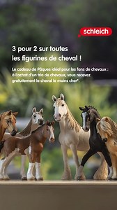 1 cheval offert ! Disponible maintenant chez Schleich ! Composez dès maintenant votre trio de chevaux - parfait pour Pâques avec vos enfants ! Ajoutez trois chevaux à votre panier et recevez gratuitement le moins cher!* Votre réduction sera déduite directement pour vous dans le panier. | Schleich