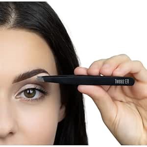 Tweez ER Professional Stainless Steel Slant Tip Tweezers for Eyebrow Grooming & Precision Hair Removal, Compact Black Style with Protective Case