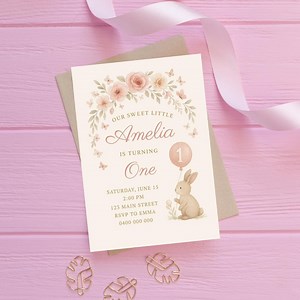 Girls Bunny First Birthday Invite Card Template - Etsy Australia