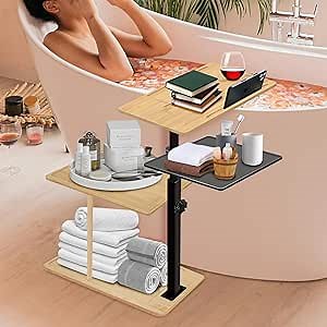 Bamboo 3 Layer Bath Tub Tray Table with Extra Detachable Tray, Freestanding Bath Tray Caddy for Tub Against Wall, Bathtub Side Table Shelf for Luxury Bath Home Spa, Bathroom Bath Tub Accessories