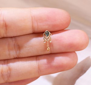 14k Solid Gold Moss Agate Dangle Chain Stud/citrine Drop Piercing/moissanite Cartilage Helix Stud/threadless Push Pin/flat Back Earring - Etsy