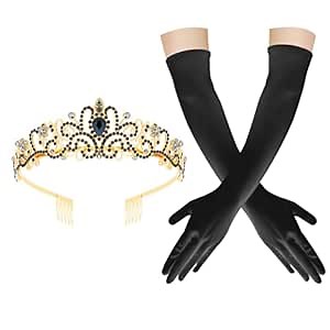 Princess Crown and Satin Long Gloves Set for Women Elbow Length Opera Gloves Black Rhinestone Quinceanera Crown Princess Costume Accessories for Prom Cosplay Birthday Dress Up Party