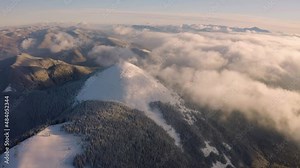 Mount Khomyak and Synyak in the Carpathians, Hoverla and Petros Chernogora on the horizon, sun rays at sunrise and sunset, fog, wild forests. Panorama from a drone.