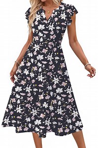 Fantaslook Summer Dresses for Women Ruffle Sleeve V Neck Midi Dresses Fashion Casual Flowy Vacation Sundress