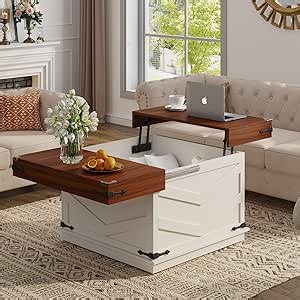 31.5'' Lift Top Coffee Table, Sliding Top Square Center Table with Large Hidden Storage Organizer, Multi-Functional Farmhouse Coffee Tables for Living Room, Bedroom, Home Office, White