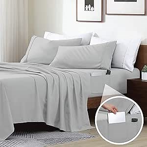 Swift Home Smart Sheets, Ultra Soft Brushed Microfiber 3-Piece Sheet Set, Fitted Bed Sheet with Side Storage Pockets – Silver, Twin