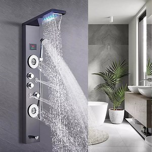 [Hot Item] LED Shower Panel Bathroom Wall Mounted Stainless Steel Waterfall Black Shower Column Set Tower Massage Body Jets LED Shower Panels