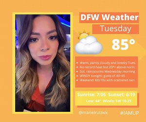 43 reactions · 4 comments | Even warmer today! Winds pick up tonight & showers/storms tomorrow morning. It won’t cool us down too much. #wfaaweather | #iamup | #dfwwx NTX Weather to know in 30 sec: | Mariel Ruiz | Facebook