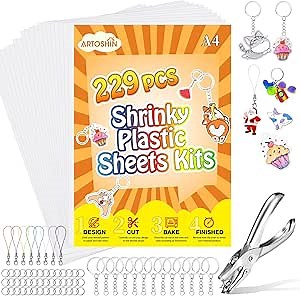 ARTOSHIN 229 PCS Shrinky Dink Sheets Kit, Shrink Paper Keychain Kit with 20 Pcs Shrinky Paper Sheets, Hole Punch, and Keychains for DIY Ornaments or Creative Craft
