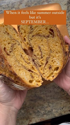 Calling all pumpkin lovers 🙋🏼‍♀️🎃 You are going to love this pumpkin sourdough artisan bread! Make it savory or make it sweet, it’s really a delicious loaf. The canned pumpkin (not pumpkin pie filling) makes the inside super soft but the baking method keeps the outside crunchy. Basically the perfect blend of pumpkin and artisan bread! I laminate in some pumpkin pie spice for those swirls and love the subtle pumpkin flavor this loaf brings. Who else is ready for fall?!! 🍁🍂🍃 Share this with 