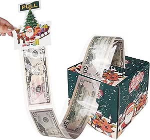 Merry Christmas Money Box for Cash Gift Pull, Surprise Explosion Holder with Card & 50Pcs Plastic Bags with Adhesive, Unique DIY Money Roll Ideas for Women/Men/Adults/Friends/Girls/Boys