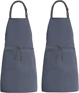 2 Pack Adjustable Bib Apron Long Ties with 2 Pockets Canvas Water Resistant Kitchen Cooking Baking Chef Aprons for Women Men(Grey)