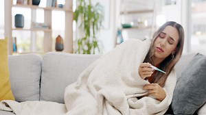 Sick woman, fever and thermometer in home of flu | Premium Stock Video Footage