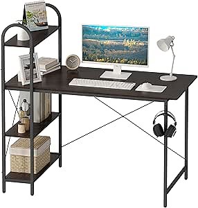 HOME BI Computer Desk with Storage Shelves (Black, 47 Inch)