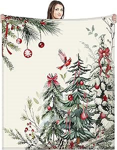 Mindsoft Christmas Tree Blanket Christmas Balls Pine Needles Pine Cardinal Bird Fuzzy Plush Flannel Cozy Blanket Winter Holiday Decor for Home Couch Bedding Room