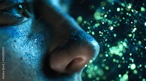 Nasal infection as a contagious sinus disease transmitting a virus with a human nose and nostrils spreading dangerous infectious germs and bacteria while sneezing during a cold or flu symptoms.