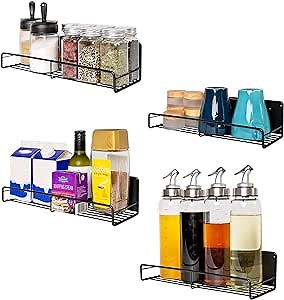 4 Pack Magnetic Spice Rack for Refrigerator, Fridge Organizer Shelf, Refrigerator Organizers and Storage, Multi Use Kitchen Magnetic Shelf, Black