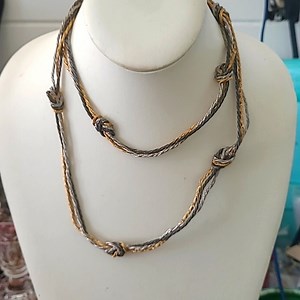 Vintage '90s triple strand metal necklace long silver gold gunmetal knotted 34in