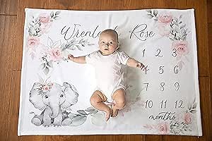 IZI POD Baby Mile Stone Blanket - Elephant Mile Stone Blankets- Baby Month Blanket- Girl Milestone Blankets Keepsake Roses Floral, Soft Custom Name Gifts for Boys or Girls