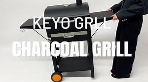 KEYO GRILL Charcoal Grill with Two Side Tables, Removable Ash Pan & Warming Rack, Black