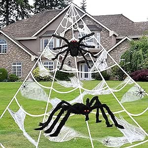 Spiders Halloween Decorations Outdoor Scary Decor, Giant Spider Web - 200" Triangular Spider Web + 30" and 36” Large Halloween Spider + 40g Stretch Cobweb, Halloween Yard Lawn Home Party Decorations