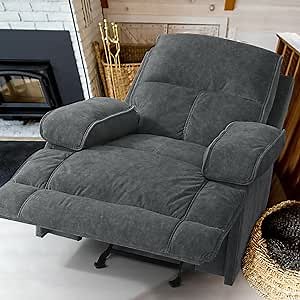 Rocking Recliner Chair, Upholstered Fabric Recliner, Extra Large Footrest for Reading, Living Room, Bedroom, Office, Apartment (Dark Grey)