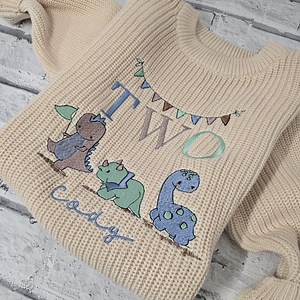 Personalised 2nd Birthday Jumper, Embroidered Birthday Knitted Jumper, Personalised 1st Birthday Sweater, Embroidered Dinosaur Jumper - Etsy