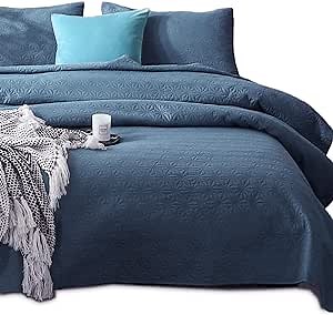 KASENTEX KWX1806-DB Quilted Coverlet Set-Pre Washed-Luxury Microfiber Soft Warm Bedding-Solid Colors Bedspread-Contemporary Design, Natural Bluestone Star, Queen + 2 Sham, Blue Turquoise/Star Design