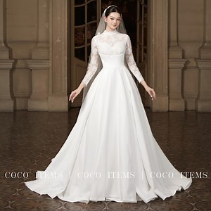 Lace and Satin Ball Gown Wedding Dress, High Collar, Long Sleeve - Etsy UK