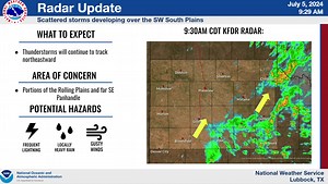 9:30am Radar Update: Showers and thunderstorms ⛈️ continue to move northeastward across portions of the Rolling Plains and far SE Texas Panhandle. Storms may produce brief gusty winds, heavy rainfall and frequent lightning. #lubwx #txwx | US National Weather Service Lubbock Texas