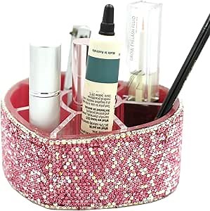 Desktop Cosmetic Storage Box 8-hole Heart-Shaped Bling bling Rhinestone Cosmetic Tools storage Box Jewelry Storage Box (Pink)