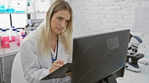 Attractive young blonde female scientist seriously immersed in research work, skillfully using computer technology for analysis and note-taking in a bustling medical lab.