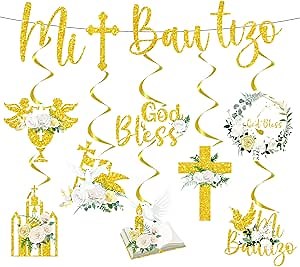 Mi Bautizo Decorations Supplies - Gold God Bless Party Decoration Baptism Banner Hanging Swirls Decorations First Communion Decorations Kids Girls Boys Glitter Baby Shower Birthday Party Decor