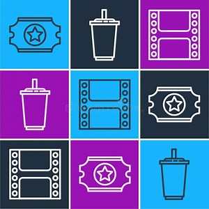 Set Line Cinema Ticket, Play Video and Paper Glass with Water Icon Stock Vector - Illustration of coupon, paper: 183548408