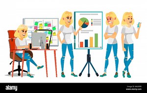 Business Woman Character Vector. Blonde Elegant Modern Girl. Expressions. Working On The Computer. Desk. Brainstorming. Cartoon Illustration Stock Vector Image & Art - Alamy