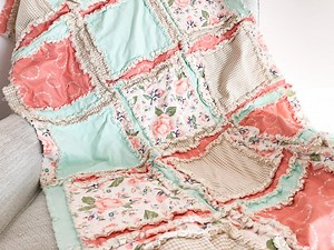 Boho Rag Quilt Toddler Bedspread | Flannel Baby Gift Blanket | Coral Mint Nursery Bedding | Floral Crib Throw | Blush Twin Coverlet - Etsy