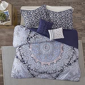 Intelligent Design Odette Cozy Comforter Set Casual Boho Medallion Floral Design Modern All Season Bedding with Matching Sham, Decorative Pillow, Full/Queen, Odette Blue 5 Piece