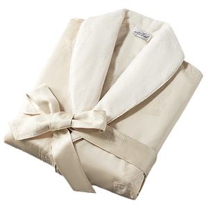 [Hot Item] Luxury Double-Layer Bathrobe Custom Jacquard Satin Outside & Soft Coral Fleece Inside Breathable Sleepwear