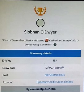 And the winner is ………….Brenda Peters please contact us so we can organise collection of your prize . Tipperary County Council Tipperary Chamber Of Commerce CLG | Tipperary Credit Union Limited