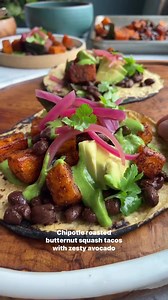 Chipotle-Roasted Butternut Squash Tacos with zesty Avocado Sauce 🌮 Follow Vegancuts for more! Full recipe below by Dishing Out Health These plant-based flavor fiestas feature boldly spiced squash, poblano peppers, and black beans paired with a creamy, citrusy sauce. The veggie and bean mixture comes together on 1 sheet pan for more streamlined cooking, and the sauce can be made well in advance. Ingredients: 1 lb. peeled and cubed butternut squash (about 5 cups) 2 Tbsp. extra-virgin olive oil 2 