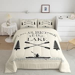 Lake House Bedding Set For Boys,Farmhouse Paddles Boat Comforter Set Lakehouse Rustic Quilt Retro Fishing Boat Bedding Comforters Lake House Decor For The Home,Twin Size,1 Comforter + 1 Pillow Case