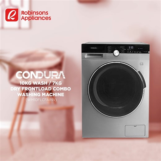 Conquer that mountain of laundry with the Condura 10kg Wash/7kg Dry Combo Washing Machine! Its high load capacity can handle all your dirty laundry. ​ Get all your appliance needs through #RobinsonsAppliances. Shop at https://gocart.ph today! | Robinsons Appliances