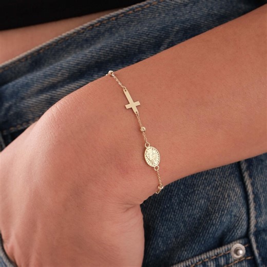 14K Solid Gold Catholic Bracelets, Cross Bracelet, Choose Your Saint Medal, Birthday Gift Mom - Etsy