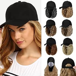 Baseball Hat Wig,Hat with Hair attached 16'' Adjustable Black Cap with Wavy Curly Synthetic Bob Hair Extensions for Women Girls(Ash Blonde Mix Ginger Brown)