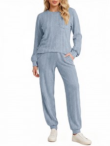 UVN Two Piece Sets for Women Casual Outfits Sets Textured Long Sleeve Shirts and Long Pants Lounge Set Fall Pajama Sets with Pockets