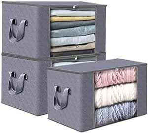 3 Pack Large Storage Bags for Clothes Foldable Storage Bins, Closet Organizers and Storage Containers, Blanket Clothing Comforter Closet Toys Storage, Moving Totes, 90L, Grey