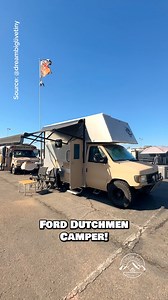 What do you think of this Ford Dutchmen (The Flying Dutchman) camper conversion? This is a DIY conversion & features a beautiful interior space, including a custom couch with storage underneath; a live edge table; a small kitchen with an induction cooktop, a mini-fridge, a microwave, a sink, & some storage space; a small bathroom with a shower & toilet; & a bed above the cab! Where would you travel in this camper? #campervan #camper #camperlife #overland #tinyhouse | Dream Big Live Tiny Co.